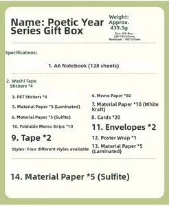 Detailed specifications of the vintage stationery gift box including sizes and components