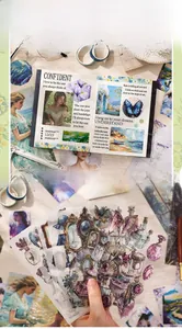 Macro detail of floral washi tape set for journaling with vintage butterflies and frames