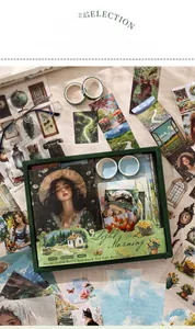 Flat lay detail of vintage floral stationery gift set with washi tapes and notebook