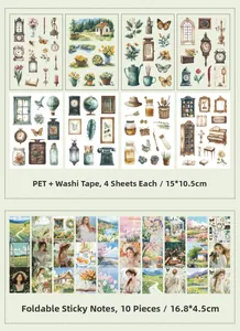 Detailed flat lay of floral vintage PET stickers and paper labels for DIY scrapbooking