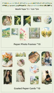 Detailed view of floral washi tape set including paper frames and cards for DIY journaling