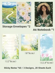 Detailed view of floral stationery set including envelopes, notebooks and 60 memo pads