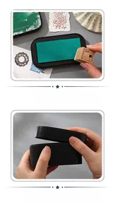 Detail of teal ink pad showing stackable black case and large surface for DIY stamps