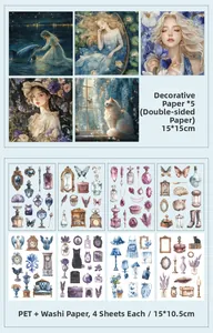 Detailed retro scrapbooking kit featuring floral stickers, pet cats, and dolphin art paper