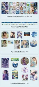Detail list of vintage stationery set with washi tapes, memo notes and paper frames