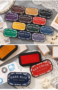 Close-up of 12 colors water-based ink pads for DIY craft stamping and paper decoration