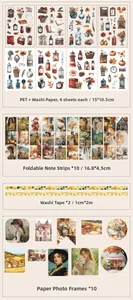 Detailed vintage stationery set with PET stickers, washi tape, and art paper frames
