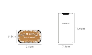 Detailed view of the 9.5cm x 5.5cm gold water-based ink pad next to a phone for scale
