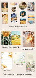 Detail view of vintage floral stationery set including A6 notebook, envelopes and stickers