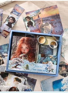Macro shot of Poetic Years retro stationery set with vintage stickers and blue tapes