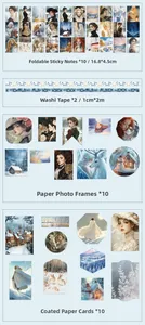 Detailed set including folded notes, washi tapes, and paper frames with winter vintage art