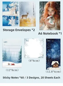 Winter wonderland stationery set with snowy forest envelopes and a girl with snowman notebook