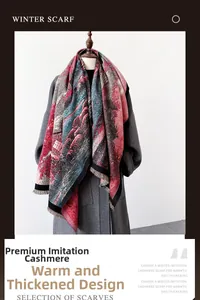 Détail d'une écharpe épaisse style cachemire avec motifs abstraits et bordures à franges