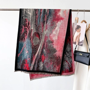 Châle élégant à imprimé abstrait et franges tons rouge foncé et gris pour femme