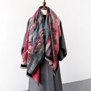 Écharpe Femme Imitation Cachemire Épais Chaud Hiver Châle Imprimé Art Peinture À L'huile Abstraite Franges Élégant Chic