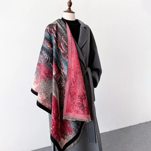 Écharpe épaisse type cachemire avec imprimé artistique et franges sur manteau gris