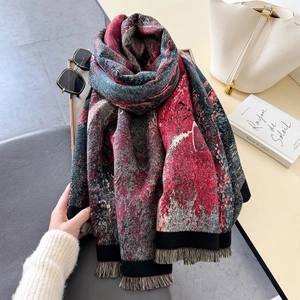 Écharpe épaisse imprimée style cachemire avec motif peinture à l'huile et franges