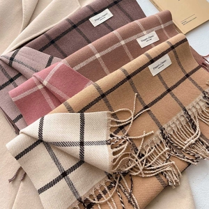 Elegant plaid cashmere-like scarf set with tassels in autumn colors for winter warmth