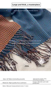 Dettaglio della sciarpa pied de poule blu e arancio con texture in finta cashmere e nappe