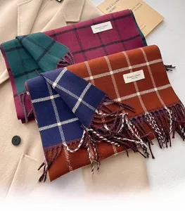 Classic British plaid scarves with tassels in wine red and navy blue winter patterns