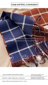Detail view of large plaid scarf texture and fringe, size 45x206cm imitation cashmere