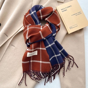 Classic plaid scarf with fringe on wool coat, vintage warm winter wrap for women