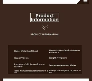 Détails du châle en imitation cachemire 65x180cm, poids 410g pour chaleur hivernale