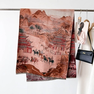 Écharpe châle jacquard Dunhuang épaisse avec motifs paysages traditionnels et franges
