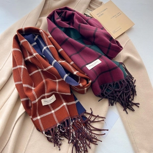 British style plaid scarf with tassels on wool coat, warm winter vintage shawl wrap