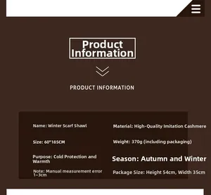 Detailed specifications for winter scarf wrap made of soft faux cashmere 60x185cm