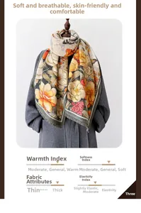 Detail of a thick floral cashmere feel scarf with vintage orange flower patterns