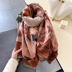 Châle épais vintage style Dunhuang jacquard équestre avec élégantes franges longues