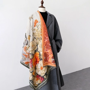 Elegant thick shawl with vibrant oil painting flower and butterfly print and fringes