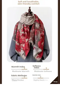 Detail of premium thick scarf with red and grey artistic patterns on a mannequin