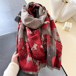 Thick vintage knit scarf with red and grey abstract pattern and tassel fringe edges