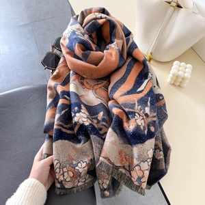 Écharpe artistique style peinture à l'huile avec motifs floraux orange et bleu