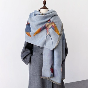 Women Bird Print Scarf Imitation Cashmere Double Sided Winter Warm Shawl With Tassel Jacquard Wrap Elegant Fashion