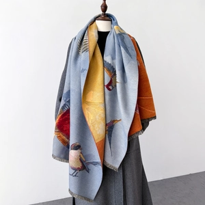 Elegant long jacquard scarf with colorful bird patterns and fringe details for autumn and winter