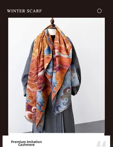 Dettaglio di sciarpa in finta cashmere con motivi a nuvole astratte arancioni e blu