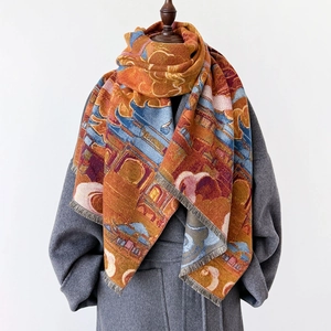 Elegante sciarpa con stampa a palazzo con motivi arancio e blu reale e frange