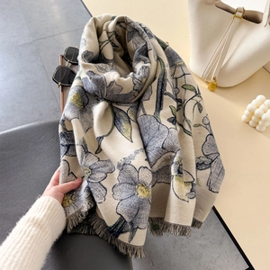 Floral jacquard warm scarf with fringe tassels for women in cream and blue tones