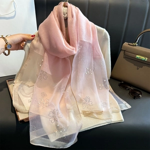 Elegant Women Long Faux Satin Scarf Shawl Artificial Pearl Beaded Rhinestone Clover Pattern Metallic Edge Chic Party Accessory