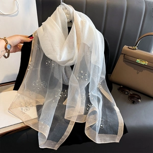 Elegant off-white clover scarf with pearls and rhinestones on high-quality organza fabric
