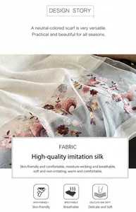 Detail of elegant floral embroidery on soft semi-transparent faux silk scarf fabric