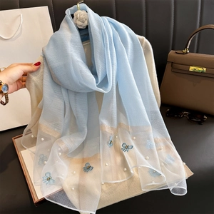 Châle Élégant Pour Femmes En Satin Imitation Broderie Papillon Künstliche Perles Transparent Long Foulard Mode