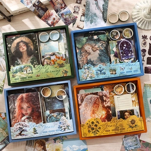 Vintage Scrapbooking Journaling Supplies Box With Notebook Stickers Washi Tape Material Paper Floral Art DIY Stationery