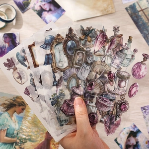 Vintage aesthetic PET sticker set with floral and antique motifs for scrapbooking