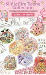 Detailed macro view of 14 assorted 3D miniature scene stickers with paper structures