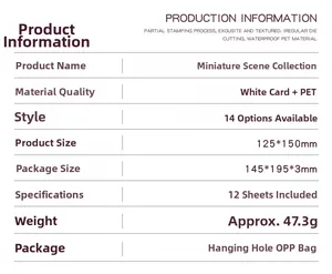 Detailed product specifications table for 3D miniature scene stickers with PET material