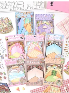 Macro flat lay of 12pcs 3D miniature room stickers for DIY scrapbook stationery